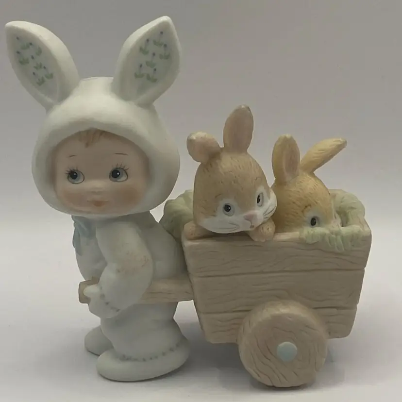 3 1/2” Tall 1986 Enesco Morehead Lil Love Bunting Figurine-Child In Bunny Costume With Wagon Of Bunnies Figurine