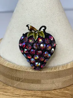 Rhinestone Strawberry Brooch Vtg Aurora Borealis Black Tone Fruit Food Pin 1.25"