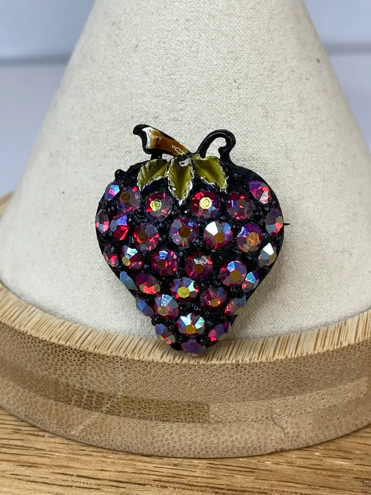 Rhinestone Strawberry Brooch Vtg Aurora Borealis Black Tone Fruit Food Pin 1.25"