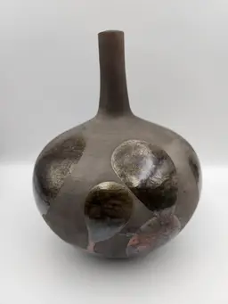 Artist Signed Dark Brown Bottle Style Raku Vase with Gold/Brown Metallic Drips