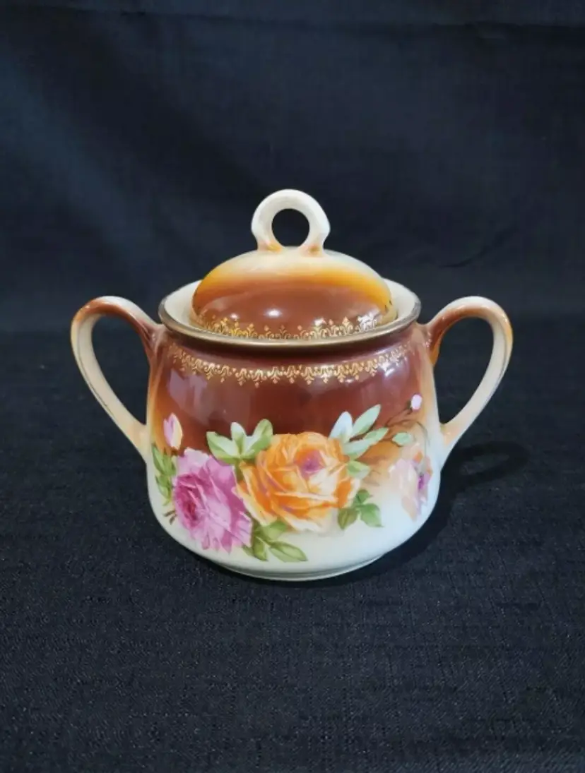 Vintage Porcelain Three Crown Sugar Bowl w Lid Painted Pink Orange Rose Design