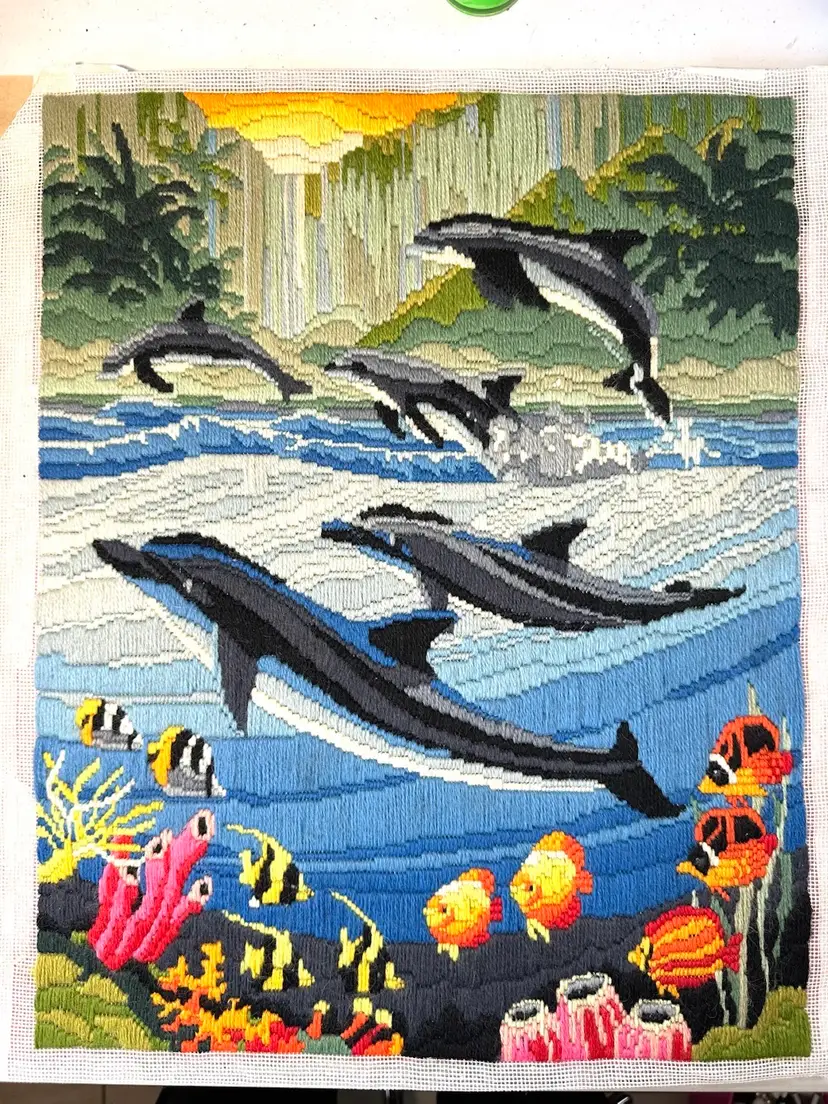 Ocean Scene Dolphin Long Stitch Needlepoint Textile 18”L 14W