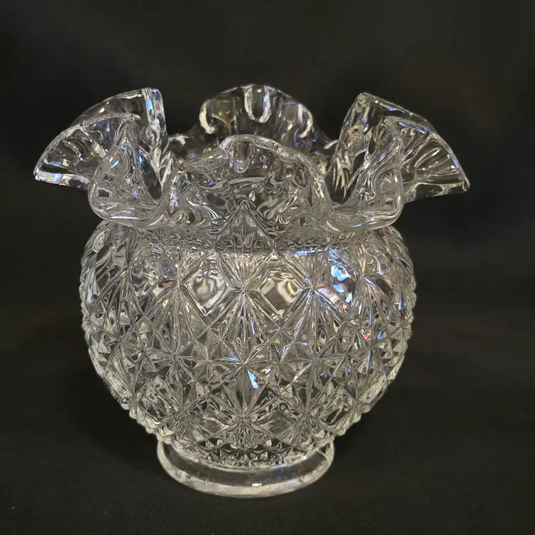 Fenton Rose Bowl Vase Fine Cut & Block Ruffled Top Clear Glass 4¼" Tall × 5" Diameter Approximately Vintage