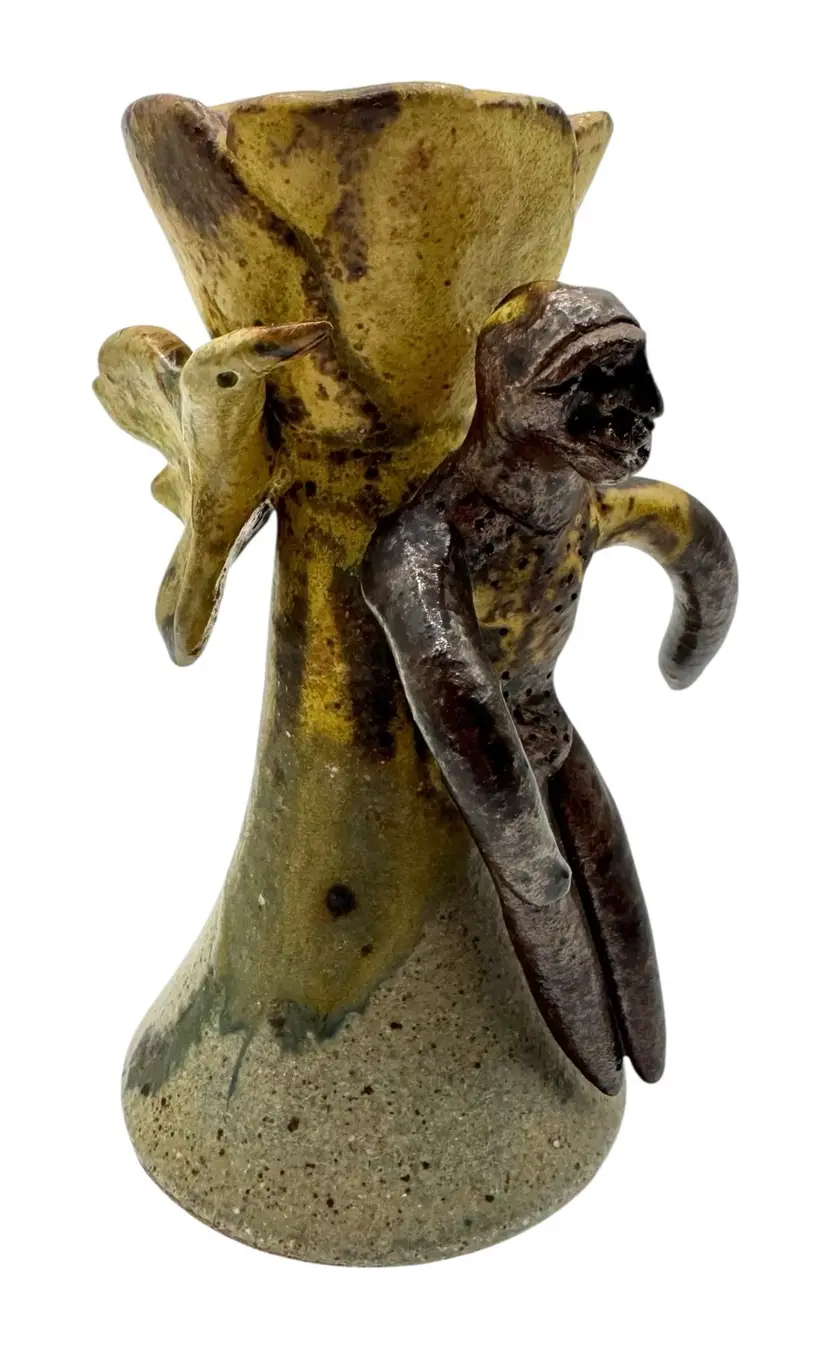 Tom Suomalainen (B. 1939, NC) Signed Pottery Figural Vessel Figurine Man Bird