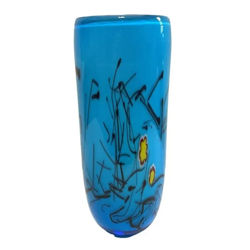Art Glass Millefiori Blue Vase Cased Glass Hand Blown Polished Bottom 9" Tall No Flaws