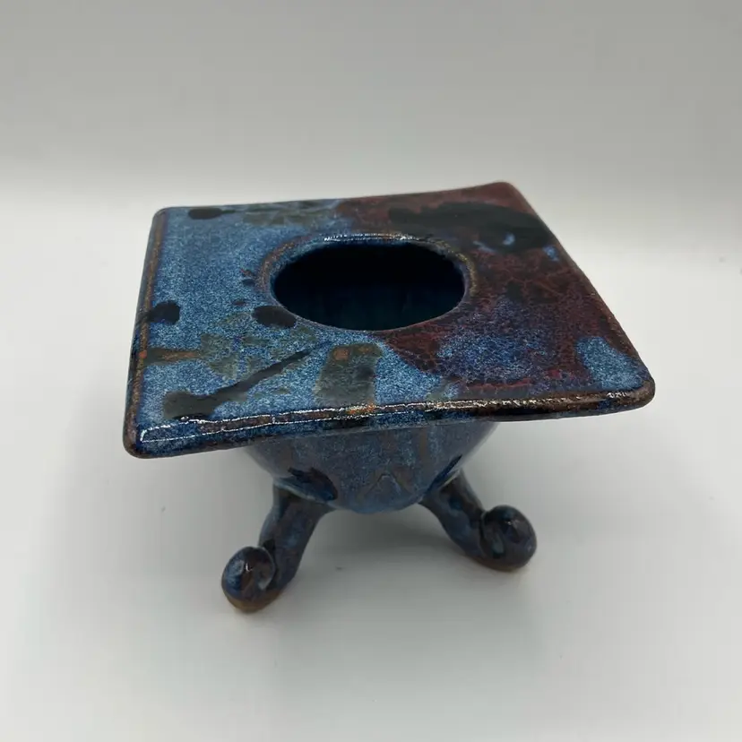 RWB - Handmade Footed Flower Frog Ikebana Ceramic Vase Pot - Red Blue Glaze