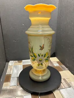 Vintage Czech Bristle glass vase buttercream color and butterfly flower print
