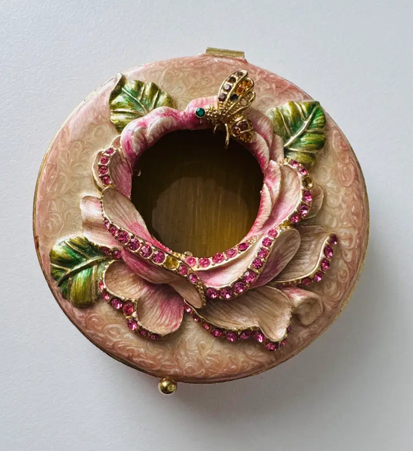 Pink Enamel Trinket Dish With Floral Decor & A Gorgeous Bee Enhanced With Rhinestones