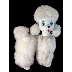 Kitschy White Furry Soft Ceramic Poodle Standing Blue Eyes-Norcrest