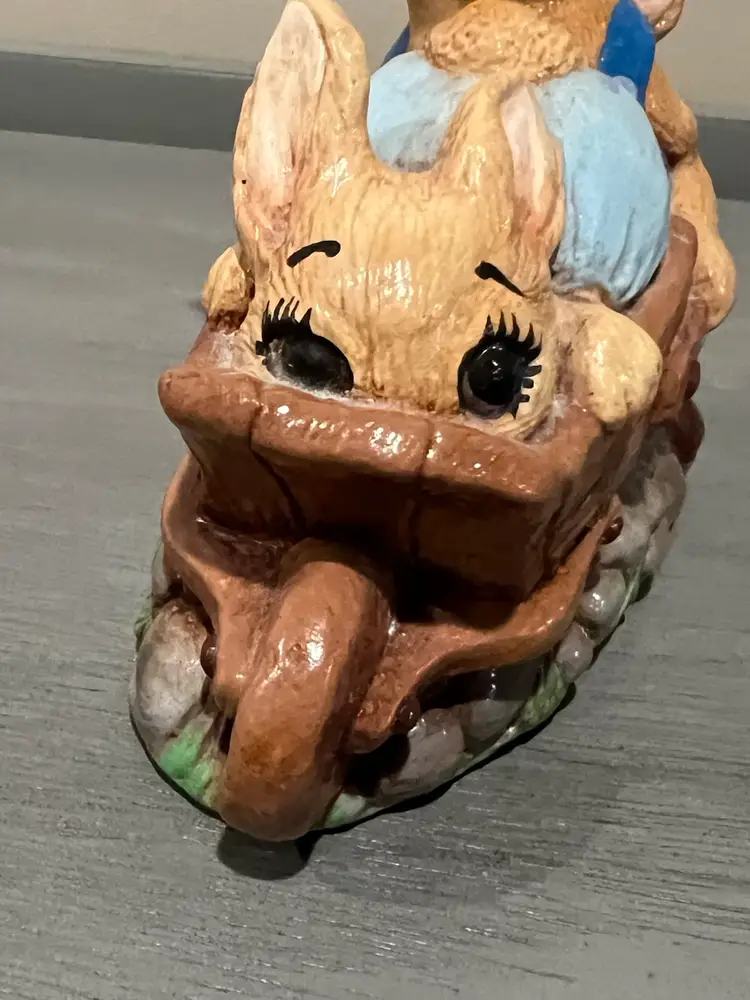 Vintage Pepiware Pendlefin Wheelbarrow "Joyride" Handpainted Stoneware Rabbit Figurine Made in England 1970s