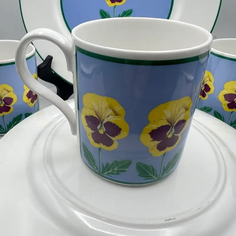 Crown Trent One China Set With Yellow Pansies On Blue Background