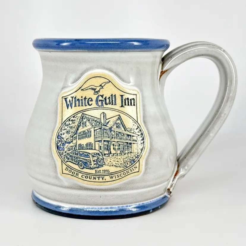 Deneen Pottery White Gull Inn Drip Glaze Belly Mug Ceramic Coffee Cup Wisconsin