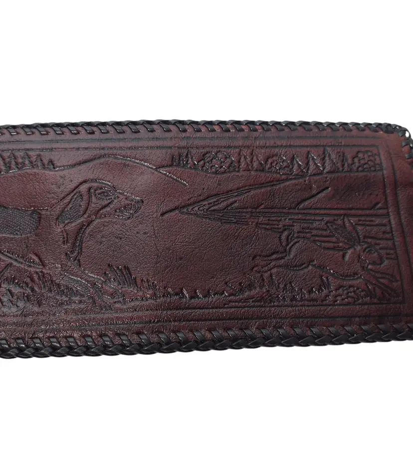 Vintage Hand Tooled Dog Rabbit Hunting Scene Leather Wallet Bifold Laced 1970s