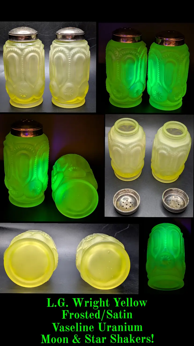 RARE L.G. Wright Frosted Satin Glass Yellow Vaseline Uranium Glow MOON AND STAR Salt & Pepper Shaker Set 4" × 2"