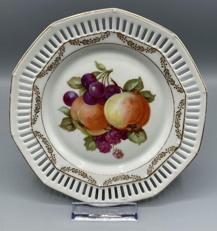 Schumann Bavaria 10-sided Plate w/ Pierced Edge & Fruit - Apple Grapes Berry - Vintage