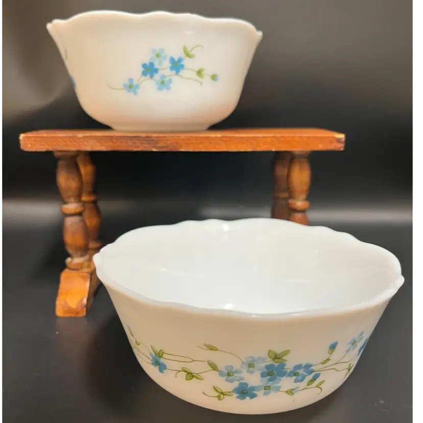 Arcopal France Blue Forget-Me-Not Milk Glass Bowls – Set of 2 -4.5” W, 2” H