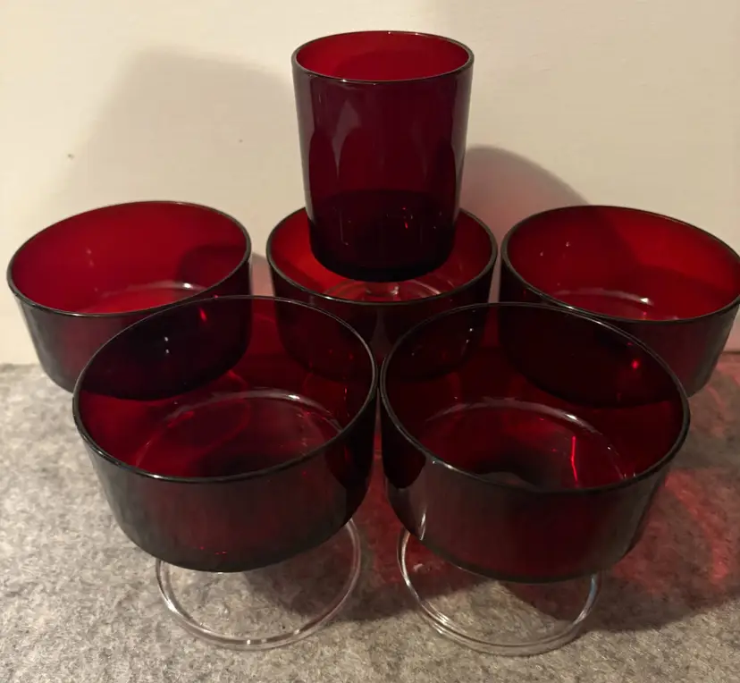 5 Vintage Luminarc Ruby Red dessert/Champagne Glasses + 1 Cordial glass  # 2901