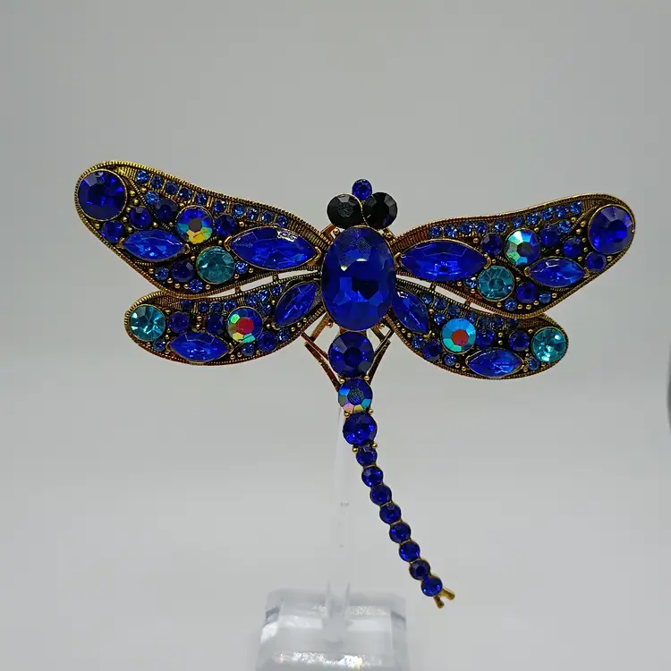 Blue Rhinestone Dragonfly Brooch Pin Gold Tone Sparkly Insect Statement Jewelry (Inv - #07)