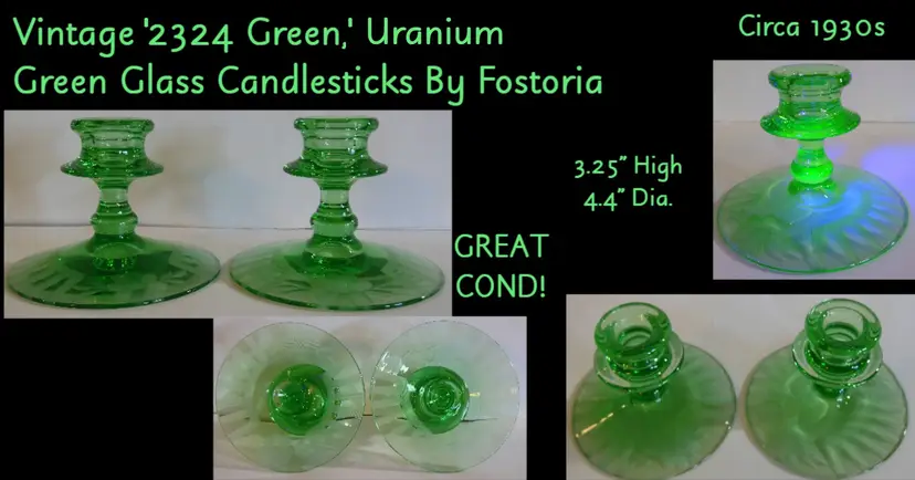 Depression Era Fostoria Uranium Green Etched Candle Holders '#2324 Green'