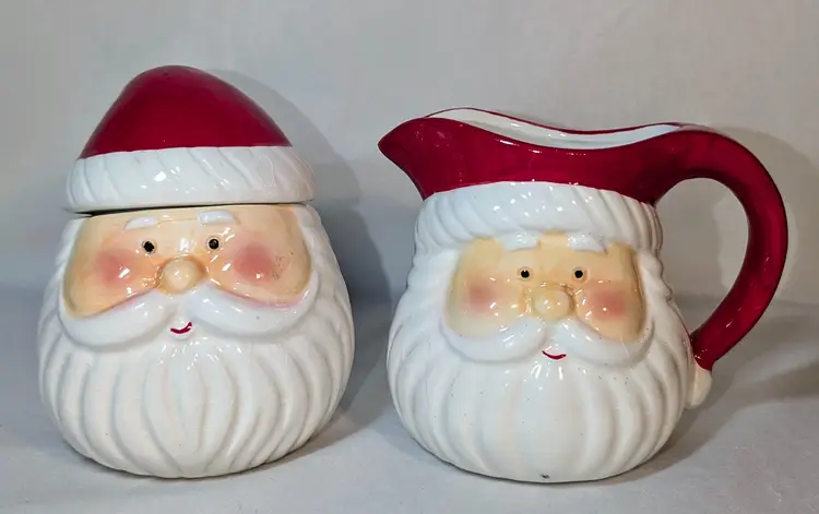 Vintage Ceramic Santa Large Covered Sugar & Creamer Set