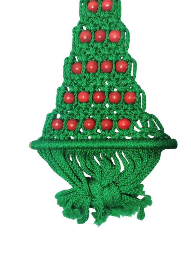 Vtg MCM Macrame Beaded Hanging Christmas Tree Boho Wall Decor Handmade Holiday