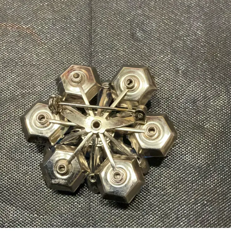 Floral Brooch With Clear And Blue Rhinestones And Moon glow Stones.