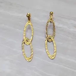 Vintage Clip On Earrings Statement Gold Tone Oval - Very Long Dangle 2.75"