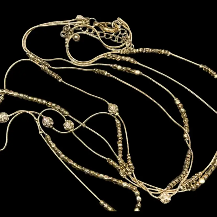 Silver tone Double Strand Necklace With Silver Beads And Silver Balls With Rhinestones