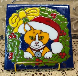 Vintage 1999 Earthtones Christmas Cat Trivet Wall Tile Made in the USA 6052A 6"
