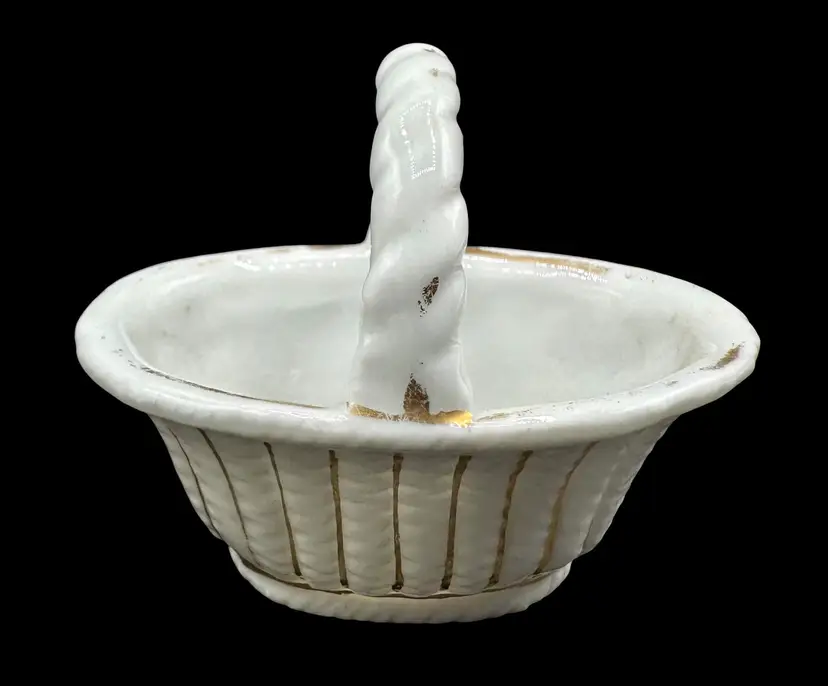 Vintage Miniature Porcelain Handled Basket White Gold Dollhouse 2”