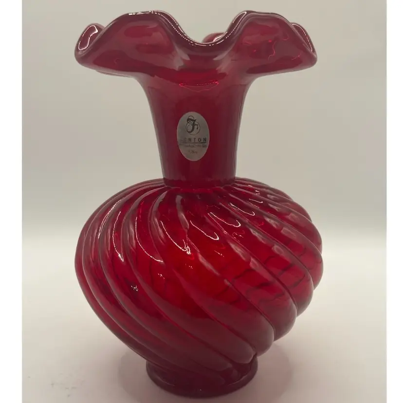 Fenton 5 7/8” Tall Ruby Red Swirl Ribbed, Ruffled Edge Vase, Original Sticker And Tag