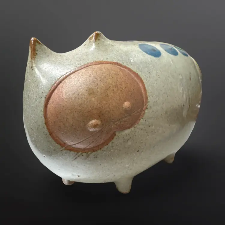 Vintage Chunky Cat Figurine UCTCI Japan Stoneware Gray Blue Dots RARE