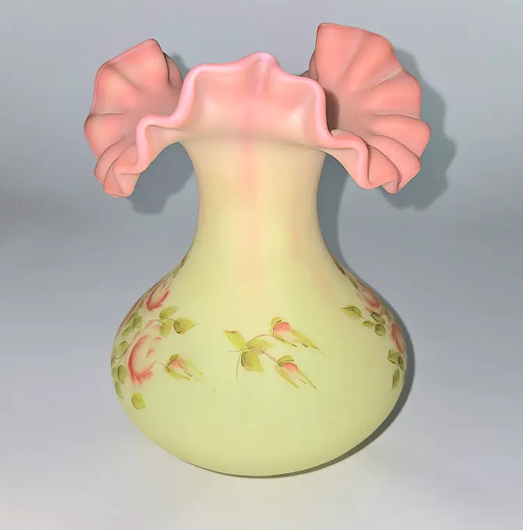 Fenton Rose Burmese Lotus Mist Vase Ruffled Rim Vintage 1971-1980 Hand Painted and Signed by Gloria Finn GLOWS