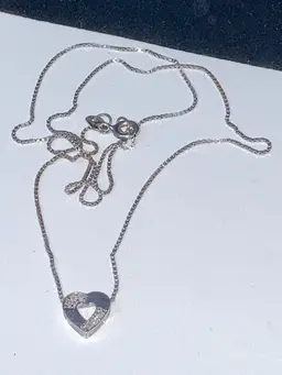 10k White Gold With Diamonds Slider Heart Pendant On An 18” Sterling Silver Chain! Both Stamped And Tested!