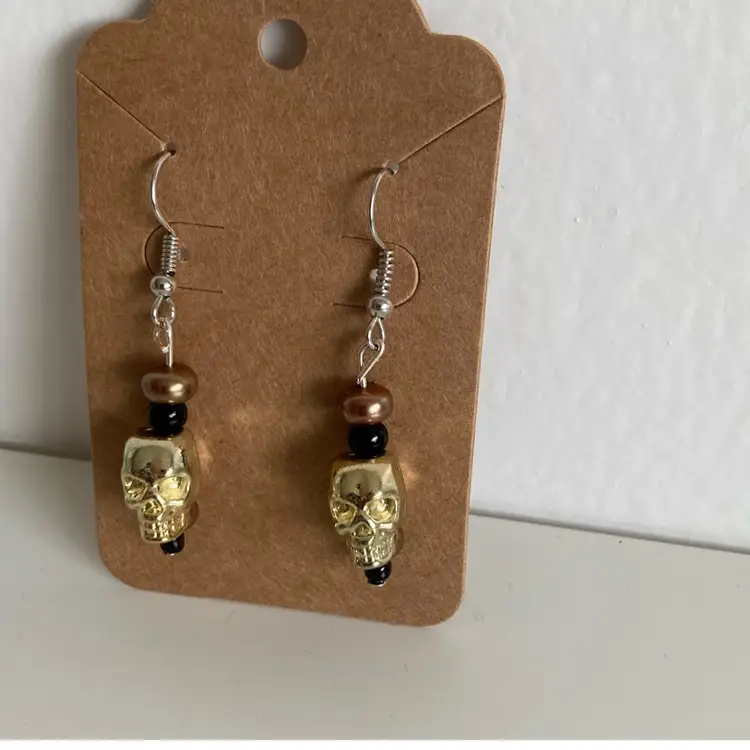 Vintage Gold Metal Skull Beaded Drop Earrings