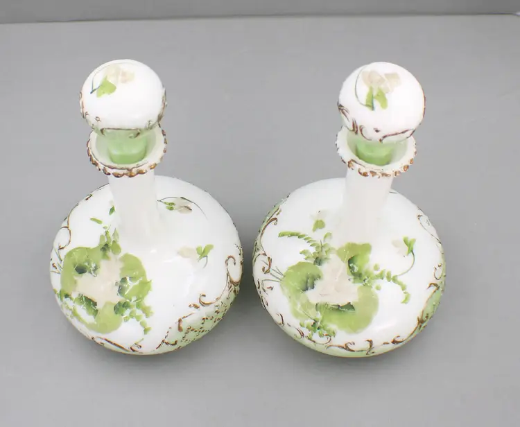 Victorian Milk Glass Barber Bottles/Perfume Vanity Bottles Pair Hand Painted