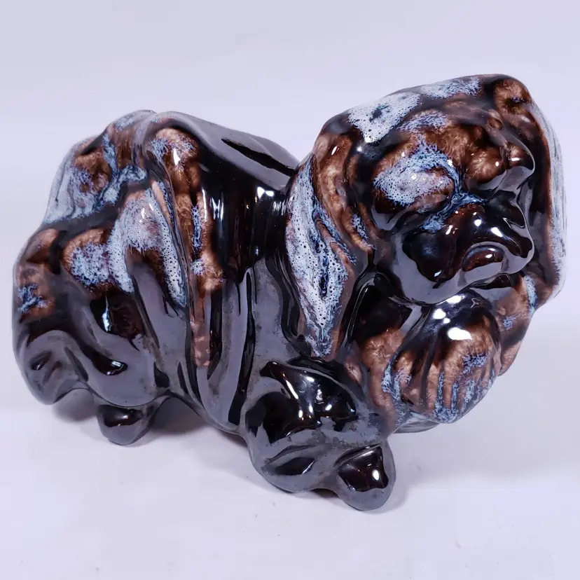 Vintage PEKINGESE Dog Blue White Lava Drip Glaze Brown Art Pottery FIGURAL BANK