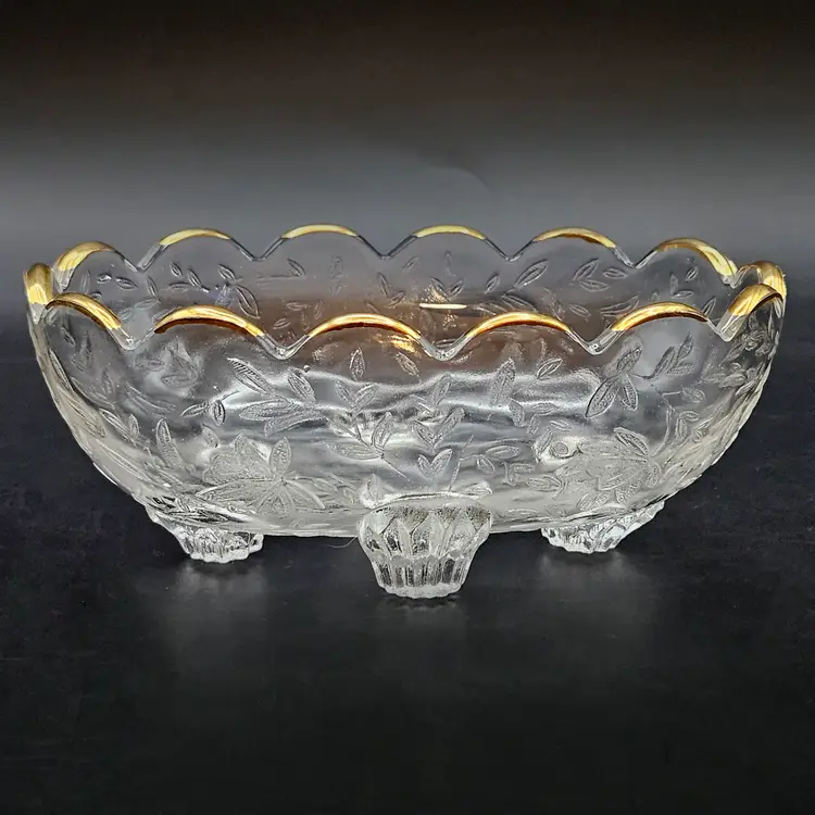 Jeannette Glass Louisa Floragold Footed Candy Dish Gold Trim Oval Vintage
