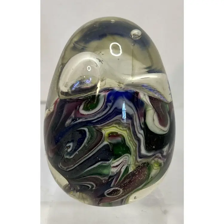 Vintage Claude Kurtz Hand Blown Art Glass Multicolor Swirls Egg Paperweight~ Signed CWK 98’
