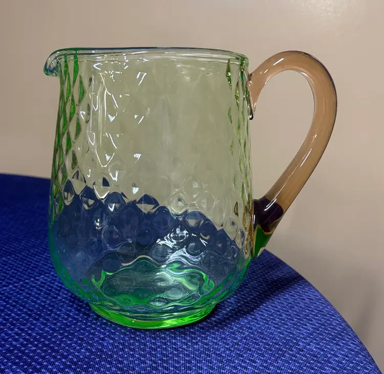 TIFFIN VASELINE DIAMOND OPTIC WATERMELON PITCHER PINK HANDLE 7.25” tall