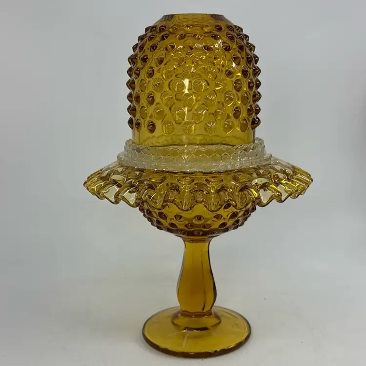 Fenton Amber Hobnail Pedestal Ruffle Rim 3 Piece Fairy Lamp 8.5” Read