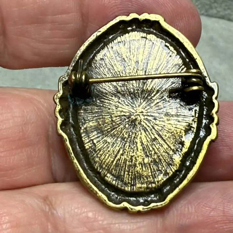 Vintage Brass Tone Black Enamel Cameo Brooch Pin