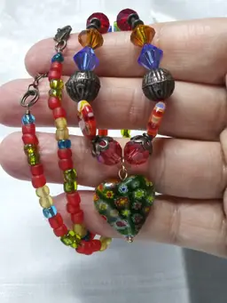 Vintage Glass Necklace Millefiori Heart Pendant 16"