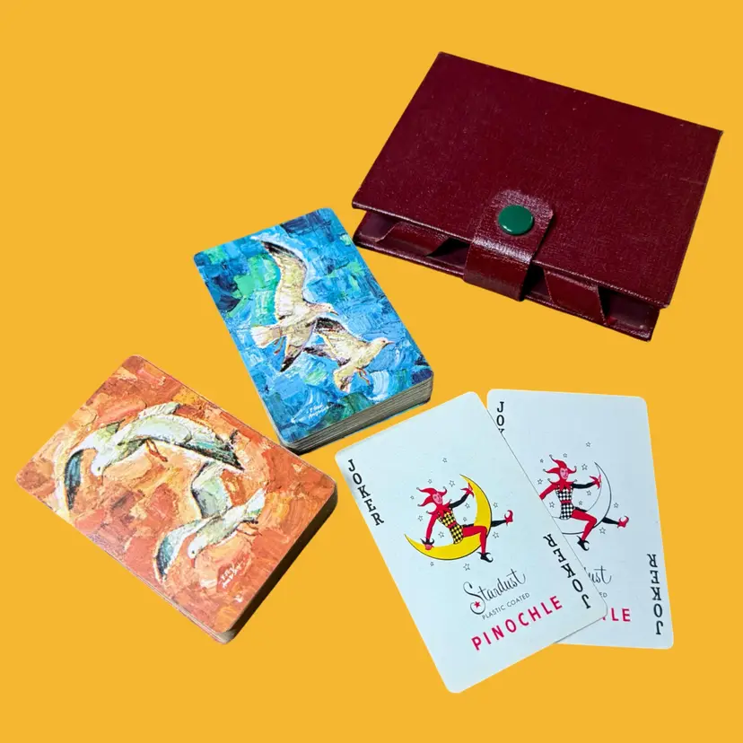 Vintage Pair Stardust PINOCHLE Playing Card FULL Decks w/ Case, MCM Seagulls