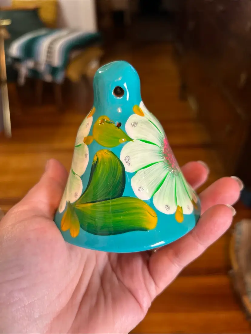 Clay Pottery Mexican Mexico Hand Painted Bell Christmas Holiday Ornament