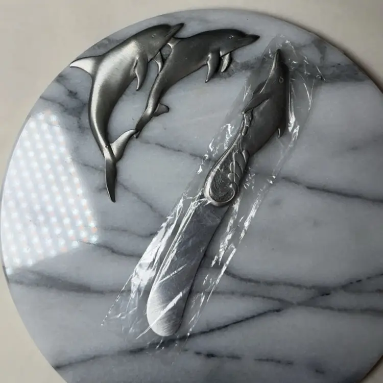 Lindsay Claire Pewter & White Marble Round Cheese Board Server & Knife 8"