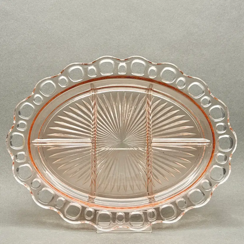 Vintage Pink Anchor Hocking “Old Colony” Open Lace 5-Part Divided Relish Dish Platter