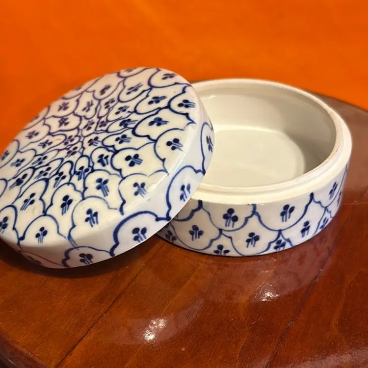 Blue And White Trinket Dish With Lid