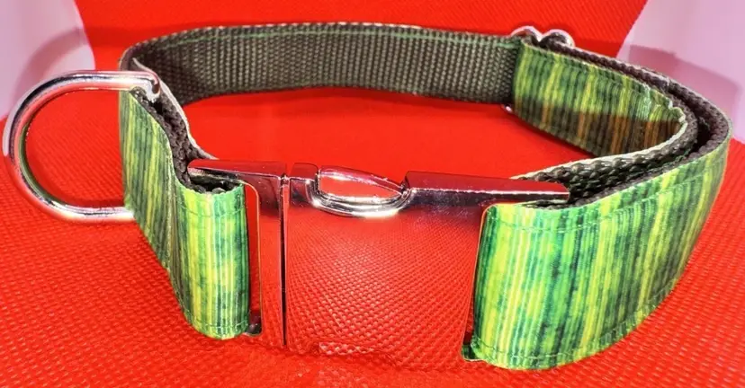 Dog Collar Green Striped Print Large Handmade Heavy Duty W/Buckle NEW
