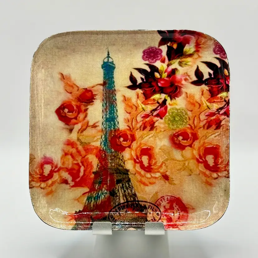 Vintage Parisian Eiffel Tower Floral Square Trinket Tray, Decorative With Roses And Lilies, French Chic Home Decor, Unbranded